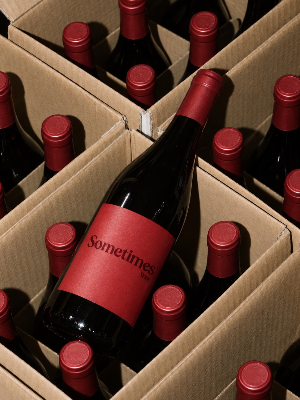 Cases of Sometimes Wine in cardboard shippers